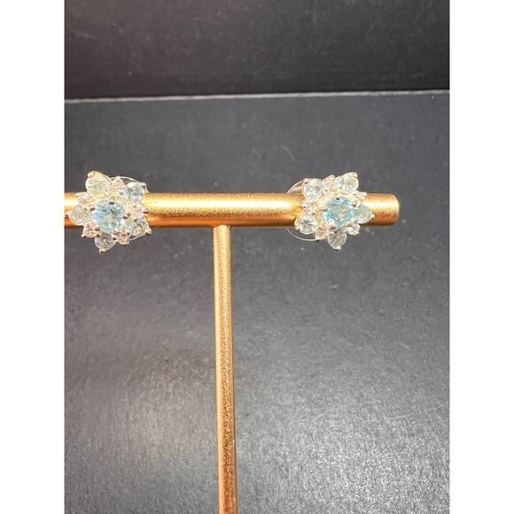 Vintage blue topaz and cz sterling silver snowflake stud earrings - Picture 5 of 16